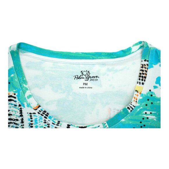 PALM GROVE Womens PM Petites Top Tropical Paradise, Beach 3/4 Sleeve Rhinestones - Picture 5 of 5
